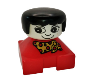LEGO Rood 2x2 Duplo Basis Figure - Zwart Haar, Wit Hoofd, Geel Sjaal met Rood Polka Dots Patroon Duplo Figuur