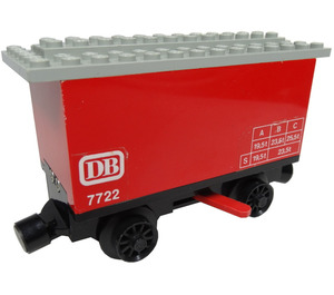 LEGO Red Battery Box Car with Black Wheels and Magents and a Red Direction Switch (Without Roof) with White DB, 7722 and Weight Table (With Roof) Sticker