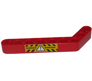 LEGO Red Beam Bent 53 Degrees, 3 and 7 Holes with 'DANGER' and White Hazard Triangle with Black and Yellow Stripes Sticker (32271)