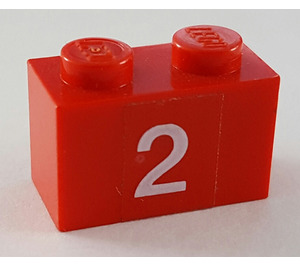 LEGO Rood Steen 1 x 2 met '2' Sticker met buis aan de onderzijde (3004)