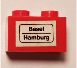 LEGO Red Brick 1 x 2 with 'Basel - Hamburg' Sticker with Bottom Tube (3004)