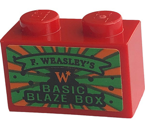 LEGO Rood Steen 1 x 2 met 'BASIC BLAZE Doos', 'F. WEASLEY'S' Sticker met buis aan de onderzijde (3004)