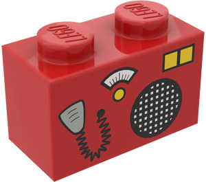 LEGO Red Brick 1 x 2 with CB Radio and Microphone Pattern with Bottom Tube (3004)
