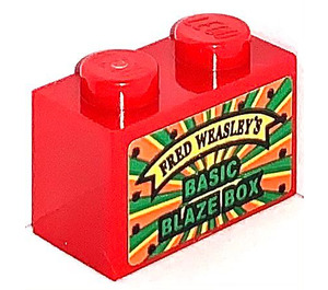 LEGO Red Brick 1 x 2 with 'FRED WEASLEY'S BASIC BLAZE BOX' Sticker with Bottom Tube (3004)