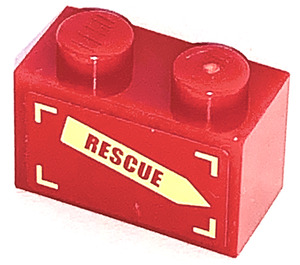 LEGO Red Brick 1 x 2 with 'RESCUE' on Yellow Arrow (Left) Sticker with Bottom Tube (3004)