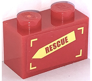 LEGO Red Brick 1 x 2 with 'RESCUE' on Yellow Arrow (Right) Sticker with Bottom Tube (3004)