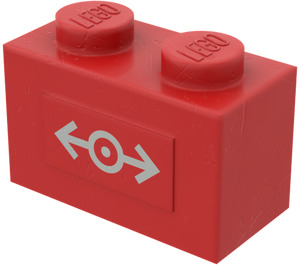 LEGO Rood Steen 1 x 2 met Trein logo Grijs Sticker met buis aan de onderzijde (3004)