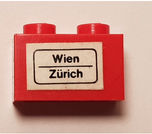 LEGO Red Brick 1 x 2 with 'Wien - Zurich' Sticker with Bottom Tube (3004)