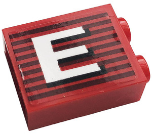 LEGO rot Backstein 1 x 2 x 2 mit Letter E (Recht) Aufkleber mit Innenbolzenhalter (3245)