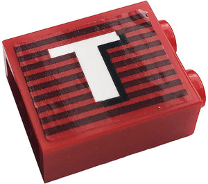 LEGO Red Brick 1 x 2 x 2 with Letter T (Right) Sticker with Inside Stud Holder (3245)