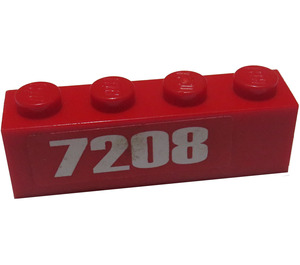 LEGO Rød Kloss 1 x 4 med "7208" Venstre Klistremerke (3010)