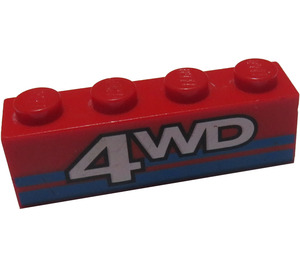 LEGO Röd Kloss 1 x 4 med Vit '4WD' och Blå Ränder (3010)