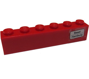 LEGO Red Brick 1 x 6 with 'Basel - Hamburg' on Right Side Sticker (3009)