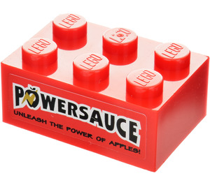 LEGO rot Backstein 2 x 3 mit 'POWERSAUCE' und 'UNLEASH THE POWER OF APPLES!' Aufkleber (3002)