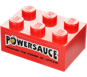 LEGO Red Brick 2 x 3 with 'POWERSAUCE' and 'UNLEASH THE POWER OF APPLES!' Sticker (3002)