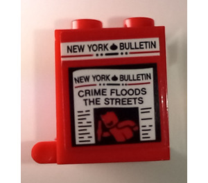 LEGO Red Container 2 x 2 x 2 with 'NEW YORK BULLETIN' and 'CRIME FLOODS THE STREETS' Sticker with Recessed Studs (4345)