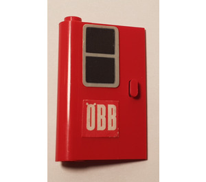 LEGO Rood Deur 1 x 3 x 4 Links met Zwart Venster en 'OBB' Sticker met massief scharnier (445)