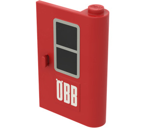 LEGO Red Door 1 x 3 x 4 Right with Black Window and 'OBB' Sticker with Solid Hinge (446)