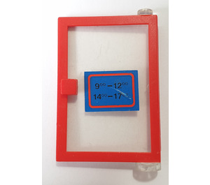 LEGO Red Door 1 x 4 x 5 Right with Transparent Glass with Blue Opening Hours Sign Sticker (73194)