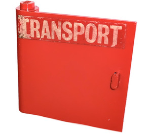 LEGO Red Door 1 x 5 x 4 Left with 'TRANSPORT' Sticker with Thick Handle (3195)