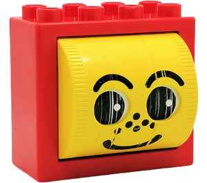 LEGO Duplo Red Brick 2 x 4 x 3 with yellow drum with face with freckles