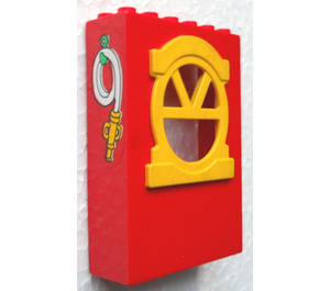 LEGO Red Fabuland Building Wall 2 x 6 x 7 with Yellow Round Top Window with Hose Sticker