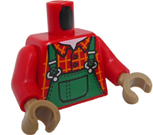 LEGO Red Minifig Torso with Green Overalls, Red Shirt with Bright Light Orange Check (973)