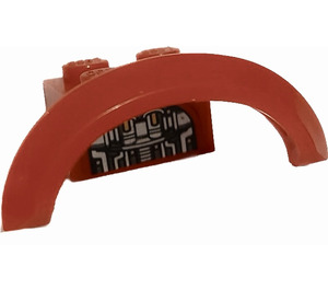 LEGO Red Mudguard Brick 2 x 4 x 1 with Wheel Arch with Black and Silver Car Mechanical Parts on Inside Sticker (28579)