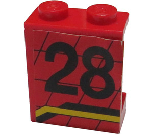 LEGO Red Panel 1 x 2 x 2 with "28" Left Sticker without Side Supports, Solid Studs (4864)