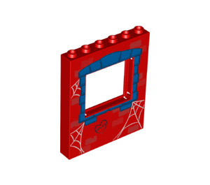 LEGO Red Panel 1 x 6 x 6 with Window Cutout with Blue stone window frame with Spider webs (15627 / 36809)