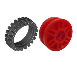 LEGO Red Rim Narrow Ø18 x 7 and Pin Hole with Deep Spokes and Brake Rotor with Narrow Tire Ø24 x 7mm