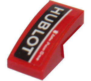 LEGO Rood Helling 1 x 2 Gebogen met 'HUBLOT' (Rechtsaf) Sticker (11477)