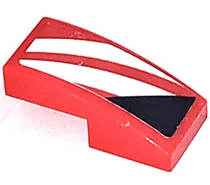 LEGO Red Slope 1 x 2 Curved with Two White Stripes and Black Triangle left Sticker (11477)