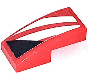 LEGO Red Slope 1 x 2 Curved with Two White Stripes and Black Triangle right Sticker (11477)