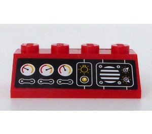 LEGO Rojo Con pendiente 2 x 4 (45°) con Negro Instrument Panel  y Blanco logo Tren en the Parte trasera Pegatina con superficie rugosa (3037)