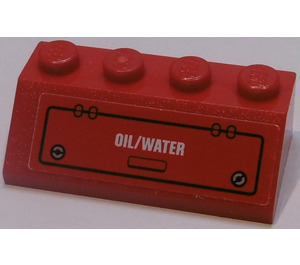 LEGO Rood Helling 2 x 4 (45°) met "OIL/WATER", Flap Sticker met ruw oppervlak (3037)