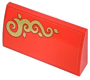 LEGO Red Slope 2 x 4 Curved with Golden Ornaments left side Sticker with Bottom Tubes (88930)