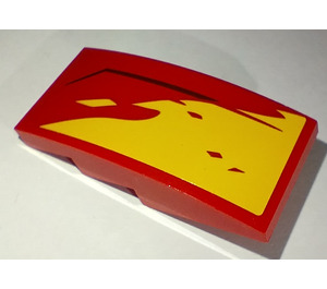 LEGO Red Slope 2 x 4 Curved with Yellow flame and black line right Sticker (93606)