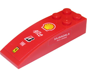 LEGO Punainen Luiska 2 x 6 Kaareva jossa Shell, Alice, Bridgestone, FIAT ja Ferrari Logos Yläosa ja 'MUBADALA ABU DHABI' Both Sivut Tarra (44126)