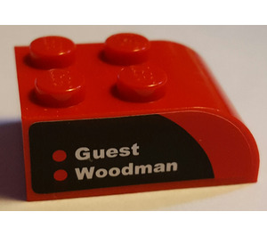 LEGO Red Slope Brick 2 x 3 with Curved Top with 'Guest Woodman' Left Sticker (6215)