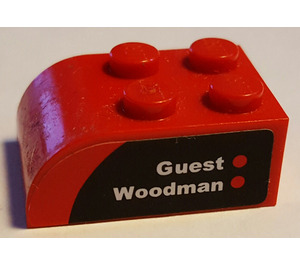 LEGO Red Slope Brick 2 x 3 with Curved Top with 'Guest Woodman' Right Sticker (6215)
