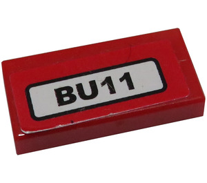 LEGO Red Tile 1 x 2 with 'BU11' License Plate Sticker with Groove (3069)