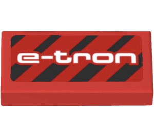 LEGO Red Tile 1 x 2 with ‘e-tron’ and Diagonal Black Stripes Sticker with Groove (3069)