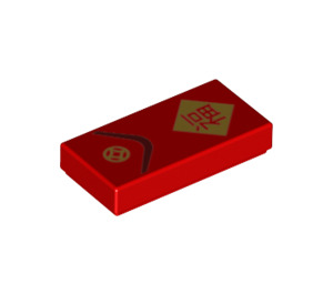 LEGO rot Fliese 1 x 2 mit Gold Chinese Symbol mit Nut (3069 / 50476)
