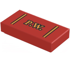 LEGO Red Tile 1 x 2 with ‘P.W.’ Sticker with Groove