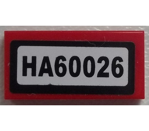 LEGO Red Tile 1 x 2 with 'HA60026' Sticker with Groove (3069)