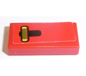 LEGO Red Tile 1 x 2 with Handle, Yellow Background Sticker with Groove (3069)