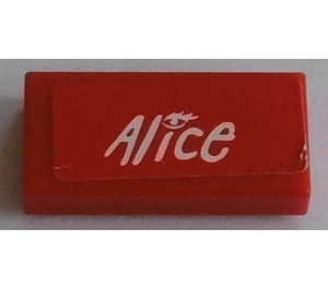 LEGO Red Tile 1 x 2 with White 'Alice' Sticker with Groove (3069)