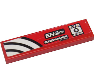 LEGO Red Tile 1 x 4 with 'EYE WEAR', 'ENgyne', 'SUBSOUND Limiter' and White and Black Curved Lines (Model Left Side) Sticker (2431)