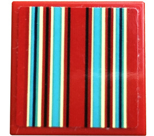 LEGO Red Tile 2 x 2 with Black, White and Medium Azure Stripes Sticker with Groove (3068)